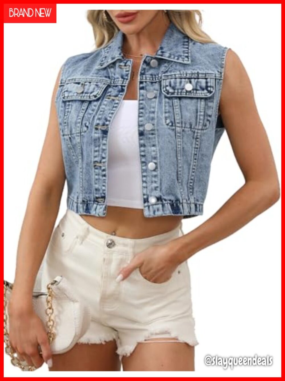 Cropped Denim Vest Sleeveless Button Down Jean Waistcoat with Pockets